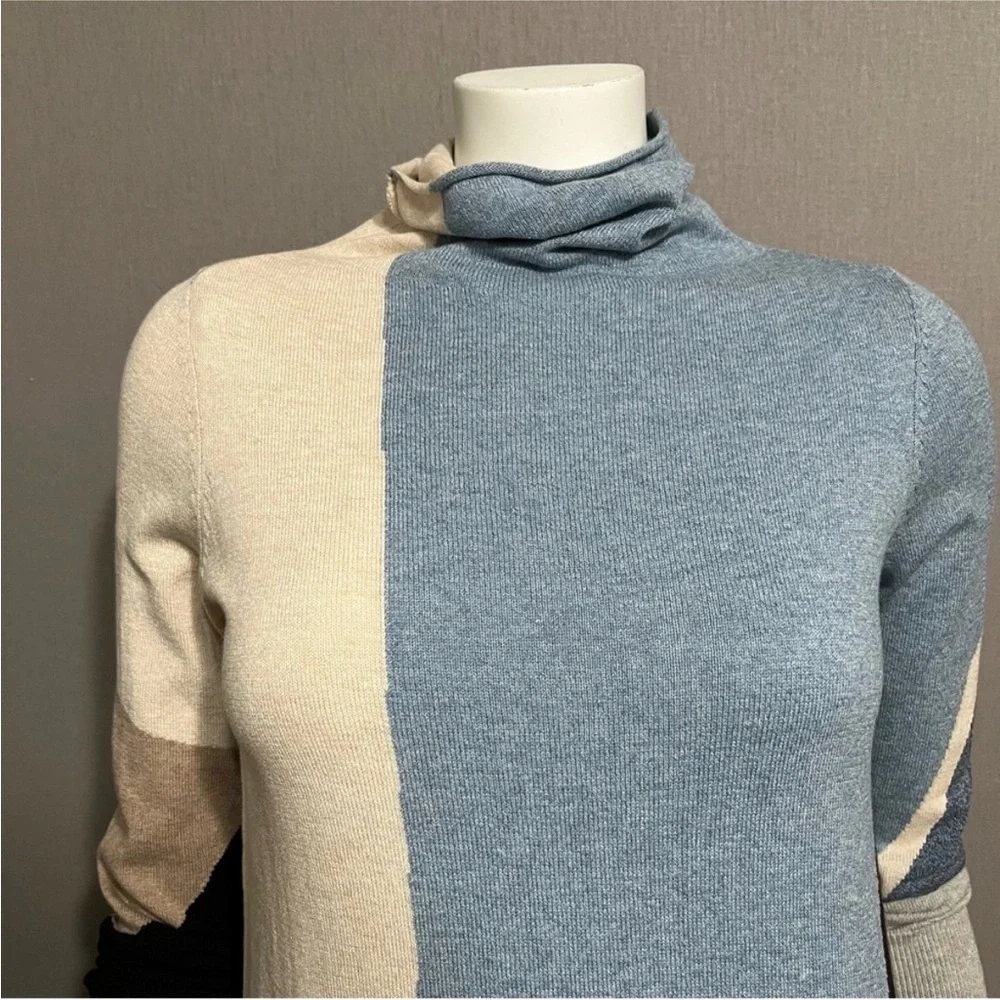 NWOT! Nic & Zoe Color Block Blue Tan Cream Black Lightweight Turtleneck Size XS
